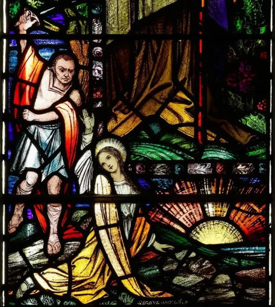 Vitral que representa el martirio de Santa Dimpna en Santa María del Rosario, Cong, Condado de Mayo, Irlanda.